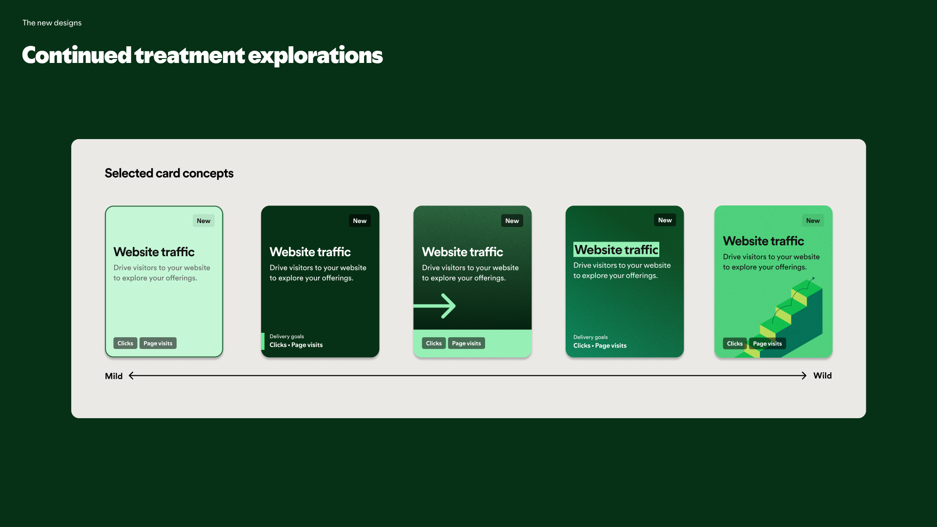 Card design explorations showing multiple visual treatments for the objective selection UI
